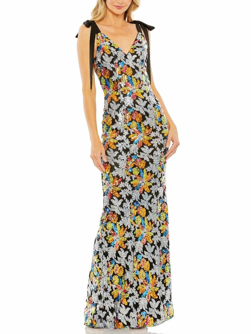 Mac Duggal Sequin Maxi Dress Column Silver Multi Floral V-Neck 26864 Size 6